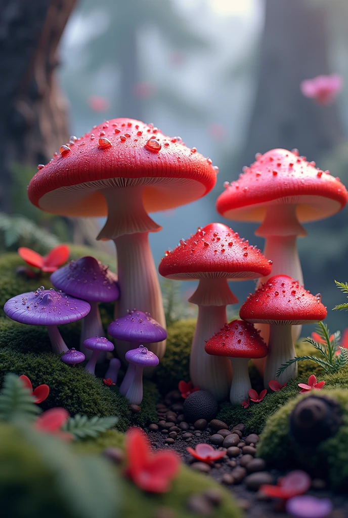  red mushrooms and purple mushrooms
