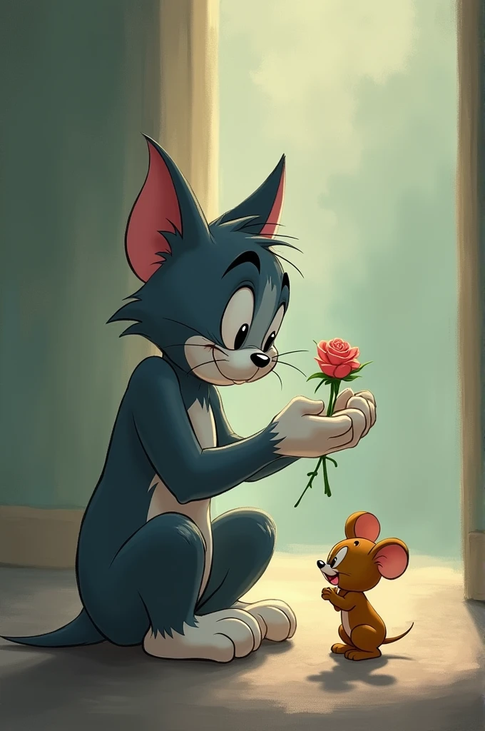 The character in tom and jerry tom on his knee down position and rose in his hand