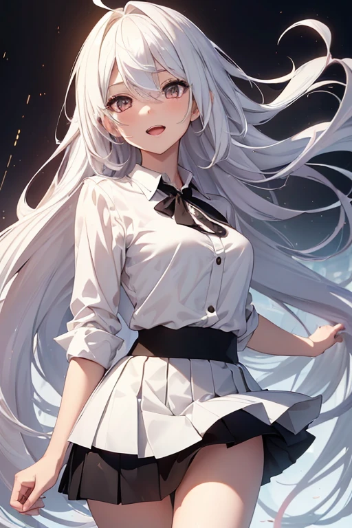 ((masterpiece, best quality)), (1girl), (solo), (female focus), (ahoge, white hair, very long hair), golden eyes, clear smile, open mouth, ((white shirt), (buttoned shirt), (gap button)), ((black skirt), (short skirt)), standing, detailed background, arms behind back, dynamic angle
