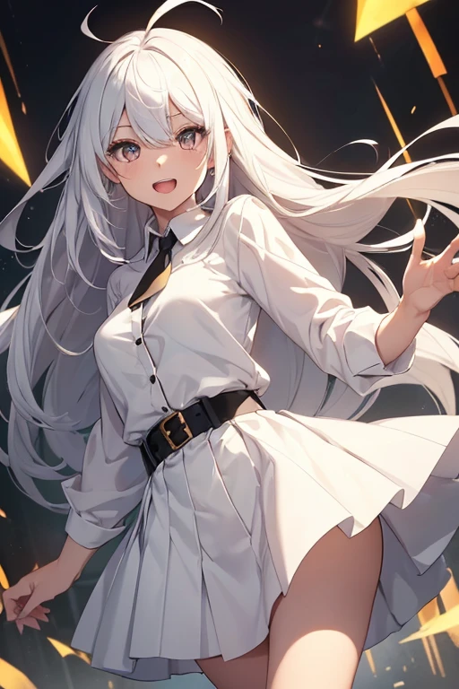 ((masterpiece, best quality)), (1girl), (solo), (female focus), (ahoge, white hair, very long hair), golden eyes, clear smile, open mouth, ((white shirt), (buttoned shirt), (gap button)), ((black skirt), (short skirt)), standing, detailed background, arms behind back, dynamic angle