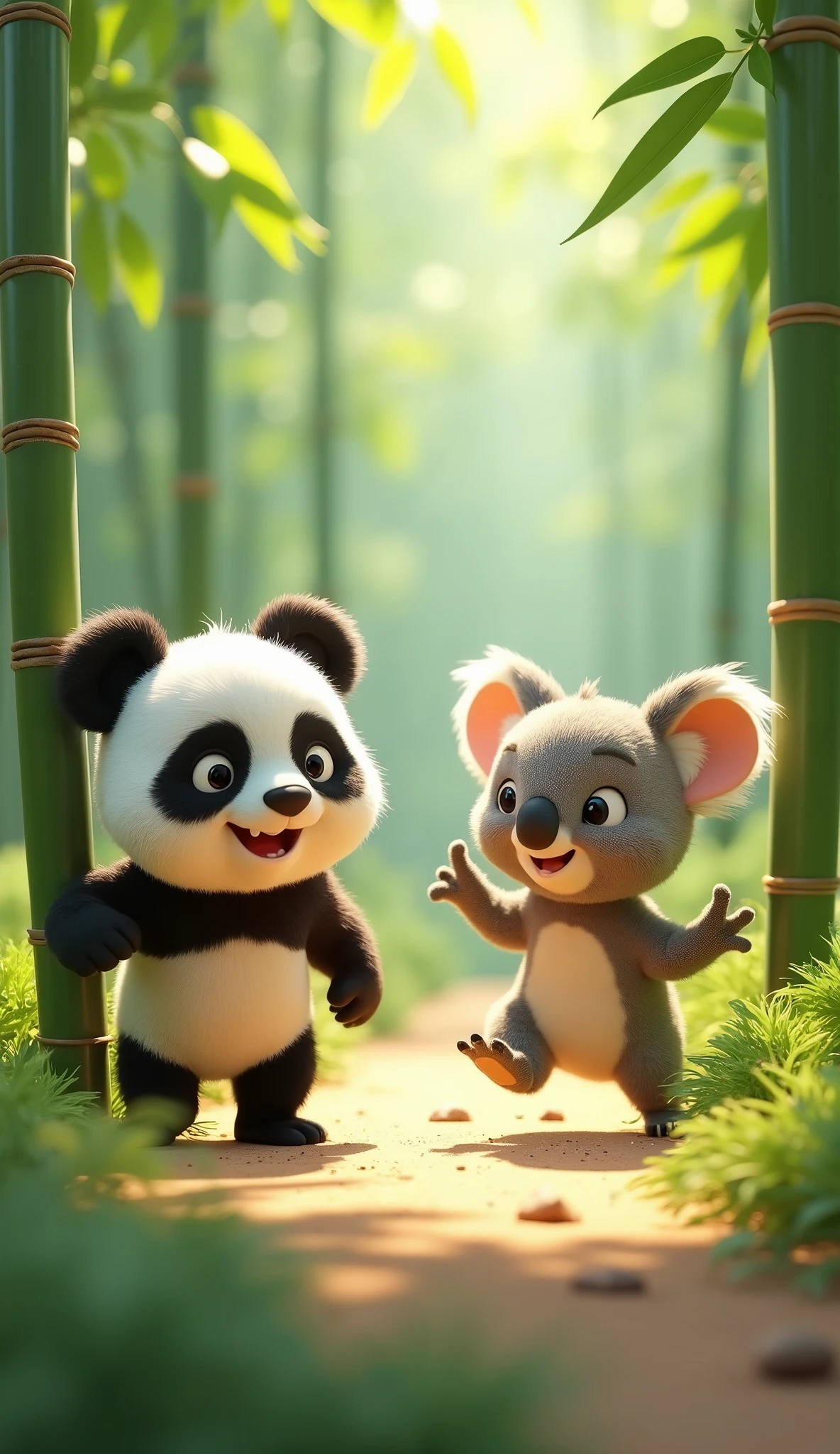 Cartoon anime 3D characters of The little panda and the koala are playing a game together in the bamboo forest. The panda is playfully chasing the koala around a bamboo shoot, while the koala swings playfully from a low eucalyptus branch.
