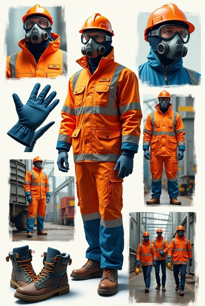 gloves, safety glasses, Mask or Respirator, Protective Clothing, Security boots, Hearing protection, Emergency Team, make a collage
