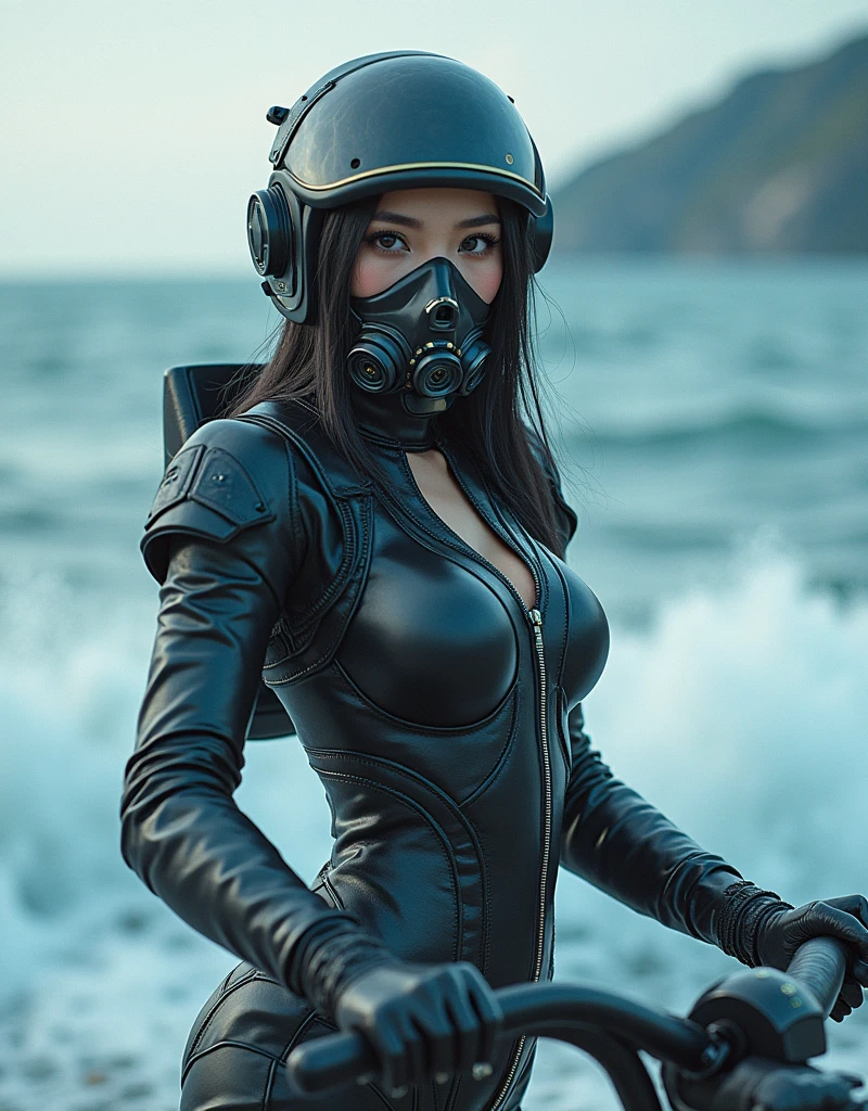 photo-realistic, ultra-realistic, very beautiful Japanese, famous Japanese idol, 20 years old, dramatic scene, masterpiece, beautiful eyes, (extremely intricated with extremely complex cyber punk mecha armored full-face gas mask:1.5), (wearing cyber punk mecha-suits with neon marker:1.5), (she is acrobatic jet skiing on the sea:1.5), amazing view of huge waves, acrobatic pose, dynamic angle, spectacular, Nimble movements, Sharp turns, (very large breasts), 