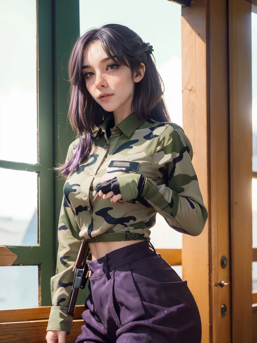 (1 lady), (Top Quality at its finest:1.4), (ultra - detailed), (extremely detailed CG unified 16k), A Beautiful Woman with Perfect Figure: 1.4, Sharp Focus: 1.2, very detailed, High-definition RAW color photo, professional photoshooting, amazing face and eyes, (amazingly beautiful girl), ((masterpiece)), realistic cinematic face, head to feet long wide zoomed out view, full body long view, photorealistic, ((highres)), ((detailed background)), sunset orange sky through window, (ichinose kotomi), gorgeous, extremely beautiful face, perfect model beauty, Highly Detailed Face and Skin Texture, Detailed Eyes, Double Eyelids, ((army uniform, green army combat uniform, long sleeves, buttons shirt, green camo pants)), ((realistic natural purple hair style, purple eyes, mid long hair)), hair ornaments, Bethcast, library background, extremely detailed, blurred background, depth of field, cinematic lighting, high heels, clear and well-cared skin, athletic, big proportions body, looking at viewer, frontal view of the face, add details:1.5, Perfection in details: 1.5