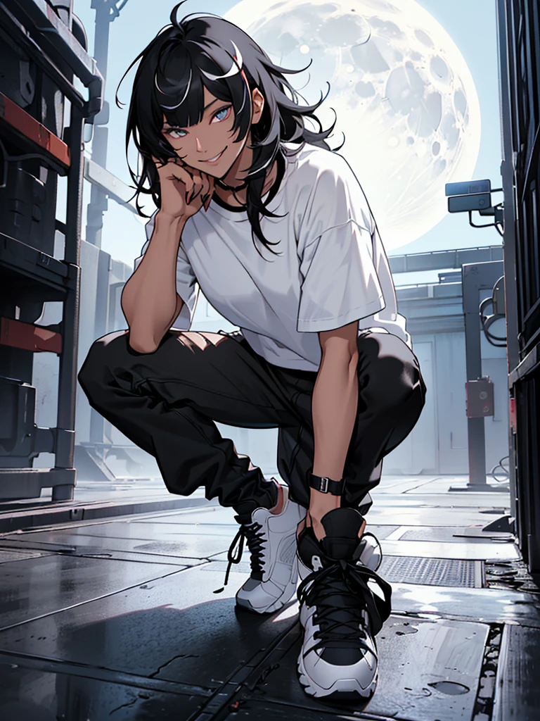 (A single tall man, with slightly messy hair black but on his fringe there is a white streak. Her completely white and seductive eyes, a beautiful smile. He wears a black t-shirt with a moon print, while his pants are black and torn. Now his shoes are like black sneakers mixed with boots (he poses in a sexy and provocative pose, smiling)