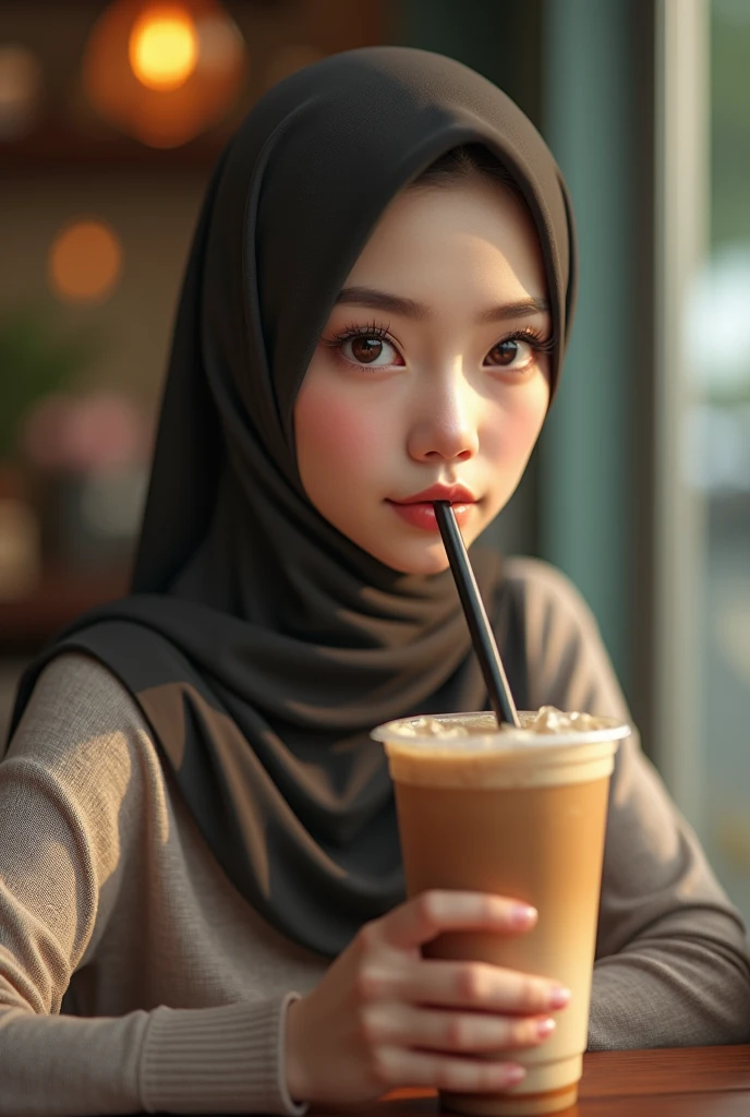 a girl wearing a hijab sitting on a chair, hand on the table. Big snubbed nose, small lips. Indonesia face. Thailand face. Big eyes.holding a straw in a cup of ice coffee, detailed portrait, beautiful detailed eyes, beautiful detailed lips, extremely detailed face, longeyelashes, hyperrealistic, photorealistic, 8k, high quality, masterpiece, digital art, realistic, cinematic lighting, warm color tones, intricate details, dynamic pose.