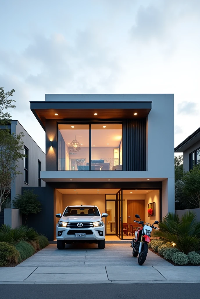 Create a modern house where you can see a white Toyota Hilux in the garage, and a Honda CRF 250F motorcycle, 