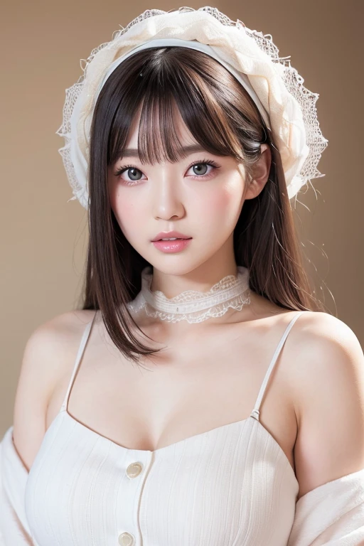 White gal style woman、White skin、Soft, raised eyebrows、Big, round eyes、Transparent, radiant skin、(Pink blush、Nude Lip、Eyeliner that emphasizes vertical width、Beige or white eyeshadow)、A neat and cute impression、Natural yet gorgeous