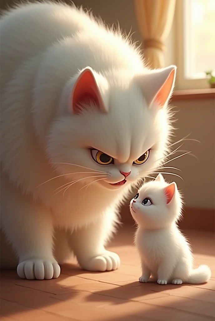 A beautiful white small cat's aunt is angry on her.
