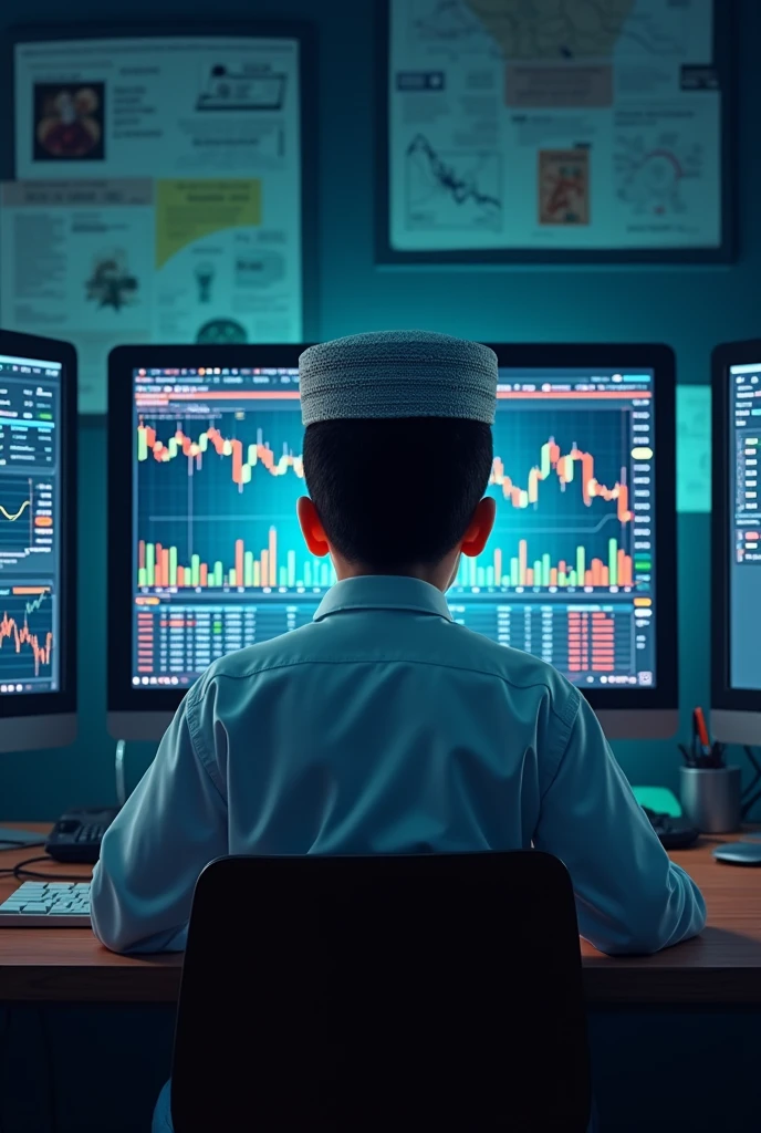 Muslim boy in front of a computer trading forex