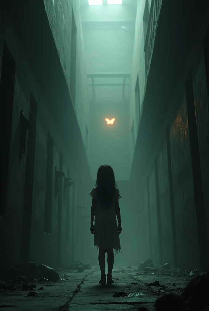 Abused 13 year old orphanage girl in the dark surrounded by lenghthy shadows and a glowing fiery butterfly in the distance