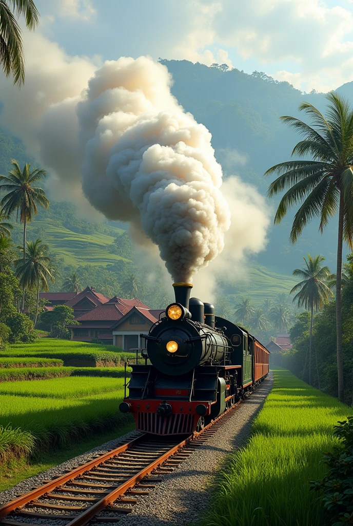 D52 steam train in Indonesia with rural atmosphere