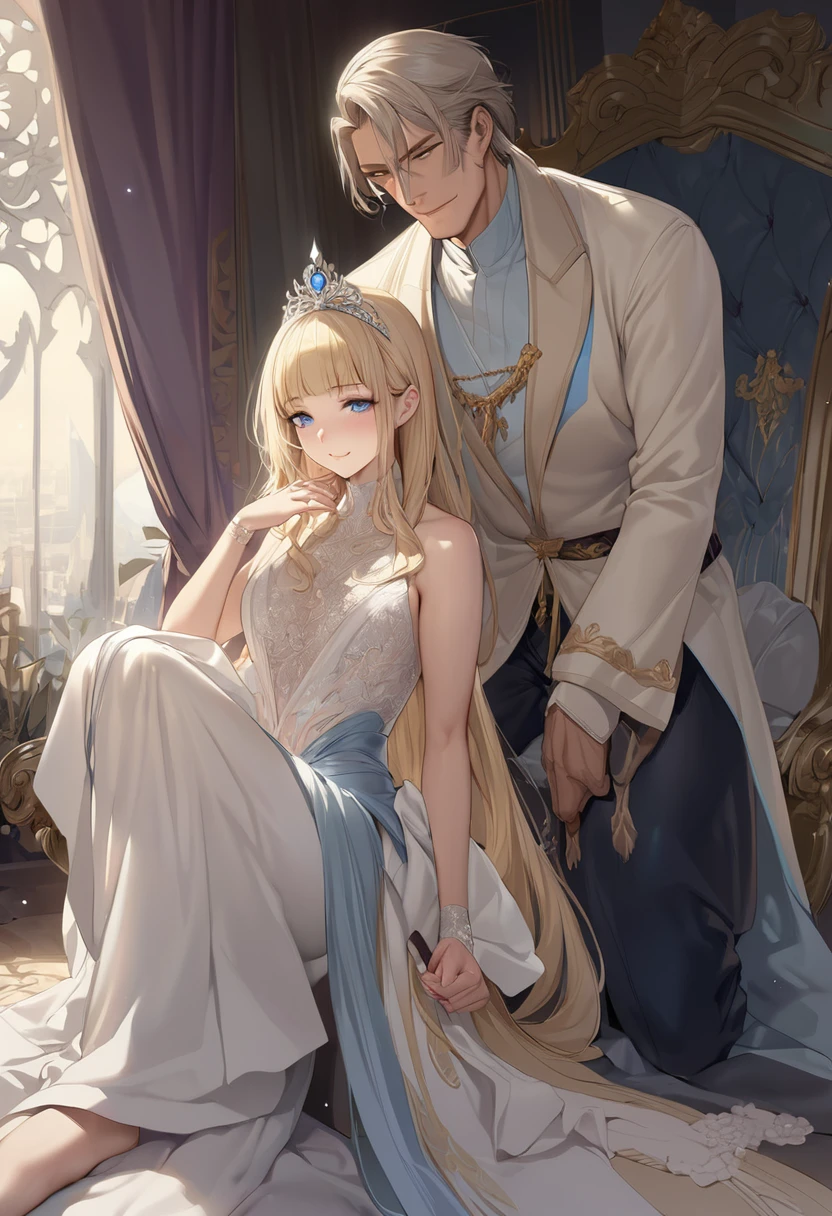 Masterpiece anime, beautiful drawing, long clothes, tall handsome adult man, straight platinum hair, bangs, blue eyes, long military general's clothes, he smiles at an incredibly beautiful young blonde femme fatale, long golden hair gathered in a beautiful hairstyle, blue eyes, beautiful facial features,luxurious dress, tiara. They're in love.in full growth. Masterpiece. fantasy style. anime-style image, realistic