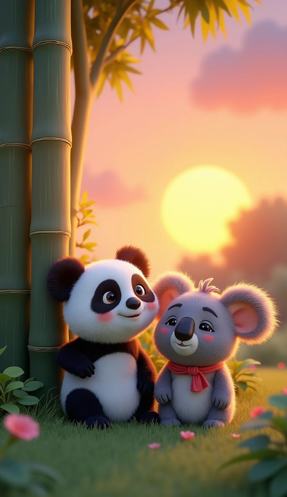 Cartoon anime 3D characters of As the sun begins to set, the little panda and the koala sit side by side, watching the sky turn orange and pink. The little panda is leaning against a bamboo shoot, while the koala is perched comfortably on a eucalyptus branch.