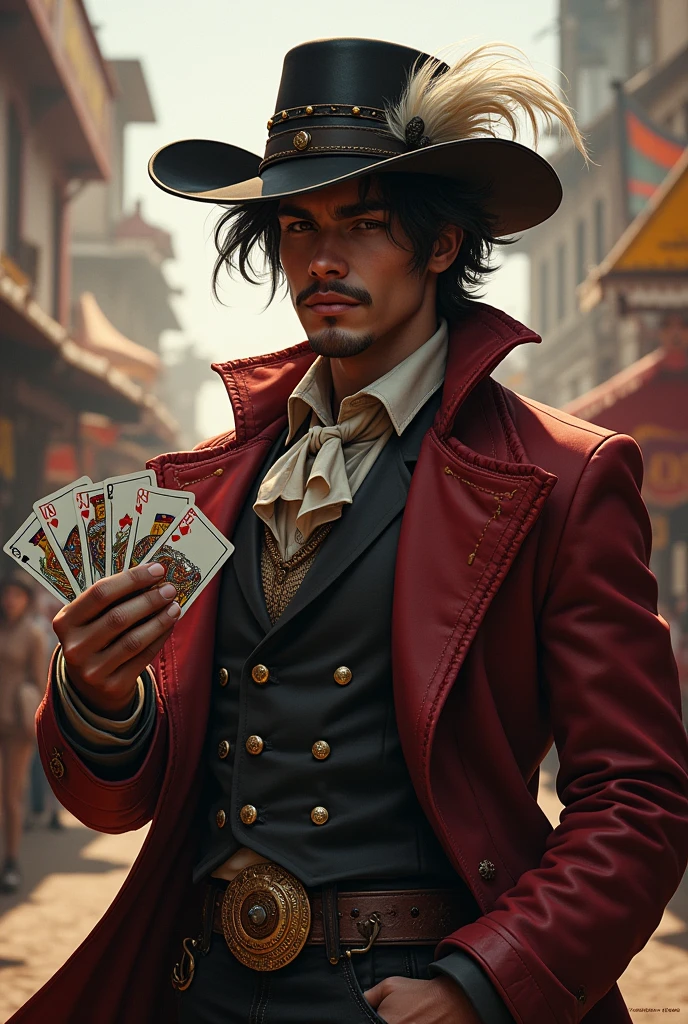 Hector Miller Fernandes Calangos III is a charismatic and adventurous bard with a captivating and unique appearance. He is a traveling musician and magician, wielding a magical deck of cards that grants him various powers tied to luck and randomness. His ultimate ability, the "Domain Expansion," allows him to greatly influence fortune in his favor.
Hector's style is a blend of flamboyant circus flair and rugged western charm. He sports a long coat and a stylish hat, with his deck of cards always prominently displayed. His hair is a defining feature: styled in a slightly tousled, spiky manner similar to Anakin Skywalker's from Star Wars, with dramatic white streaks adding a striking contrast to his dark locks. This hairstyle accentuates his adventurous spirit and adds an element of intrigue.
In his visual representation, Hector would be depicted exuding confidence and charisma, with his distinctive hair and adventurous outfit. The background might include elements of a circus or old-west setting, reflecting his colorful past and his ongoing mission to reunite with his estranged sister, Aurora, and confront the rival guild Tenebres, who have deeply affected his life in fantasy rpg style