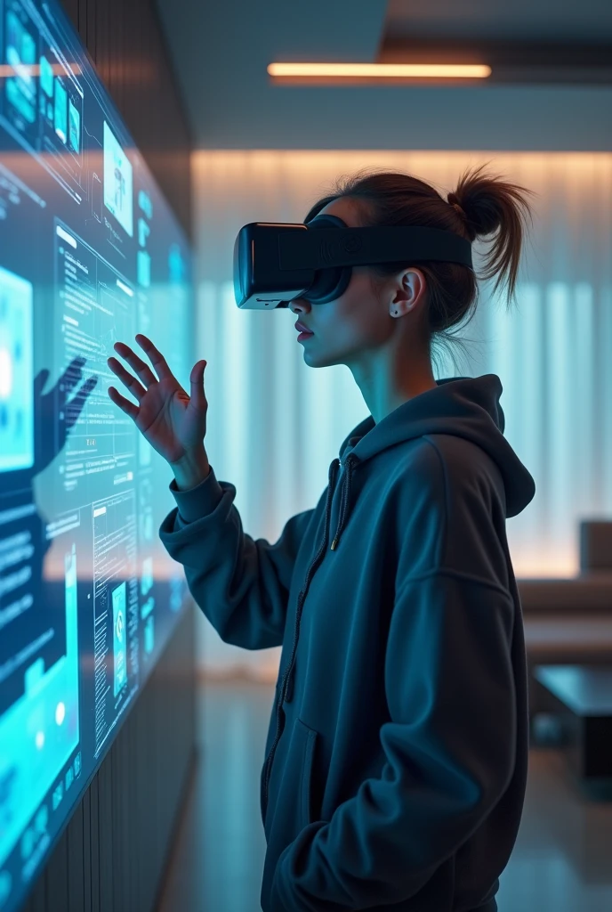 A	29-year-old	women	with	an	
augmented	reality	headset,	wearing	
casual	tech	wear,	interacting	with	a	
virtual	interface	in	his	smart	home,	
controlling	various devices	with	
gestures