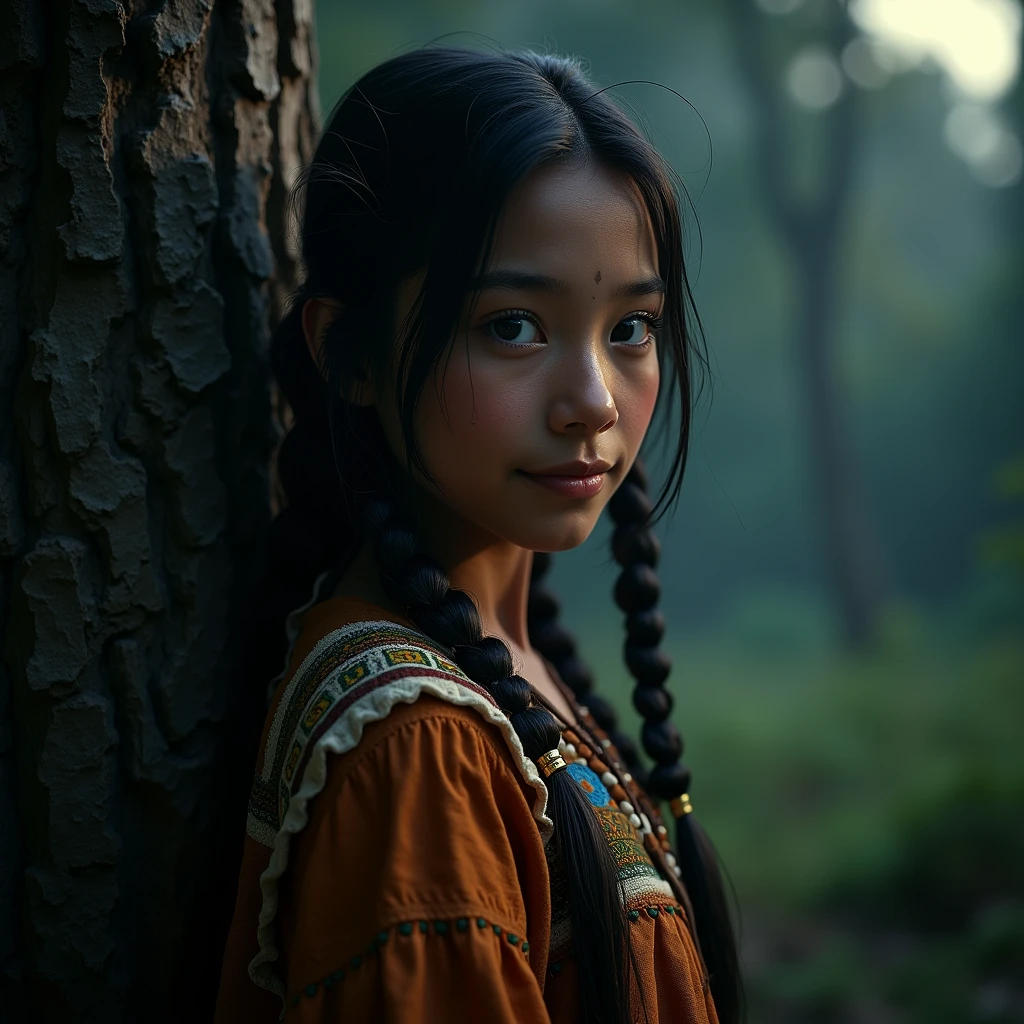 (grainy:0.5), cinematic, girl,native american,fantasy,(solo:1.3), detailed eyes, detailed face, detailed  native american clothing , volumetric lighting, dusk, extremely detailed background, standing next to tree, smiling, half closed eyes, tilted head, from side