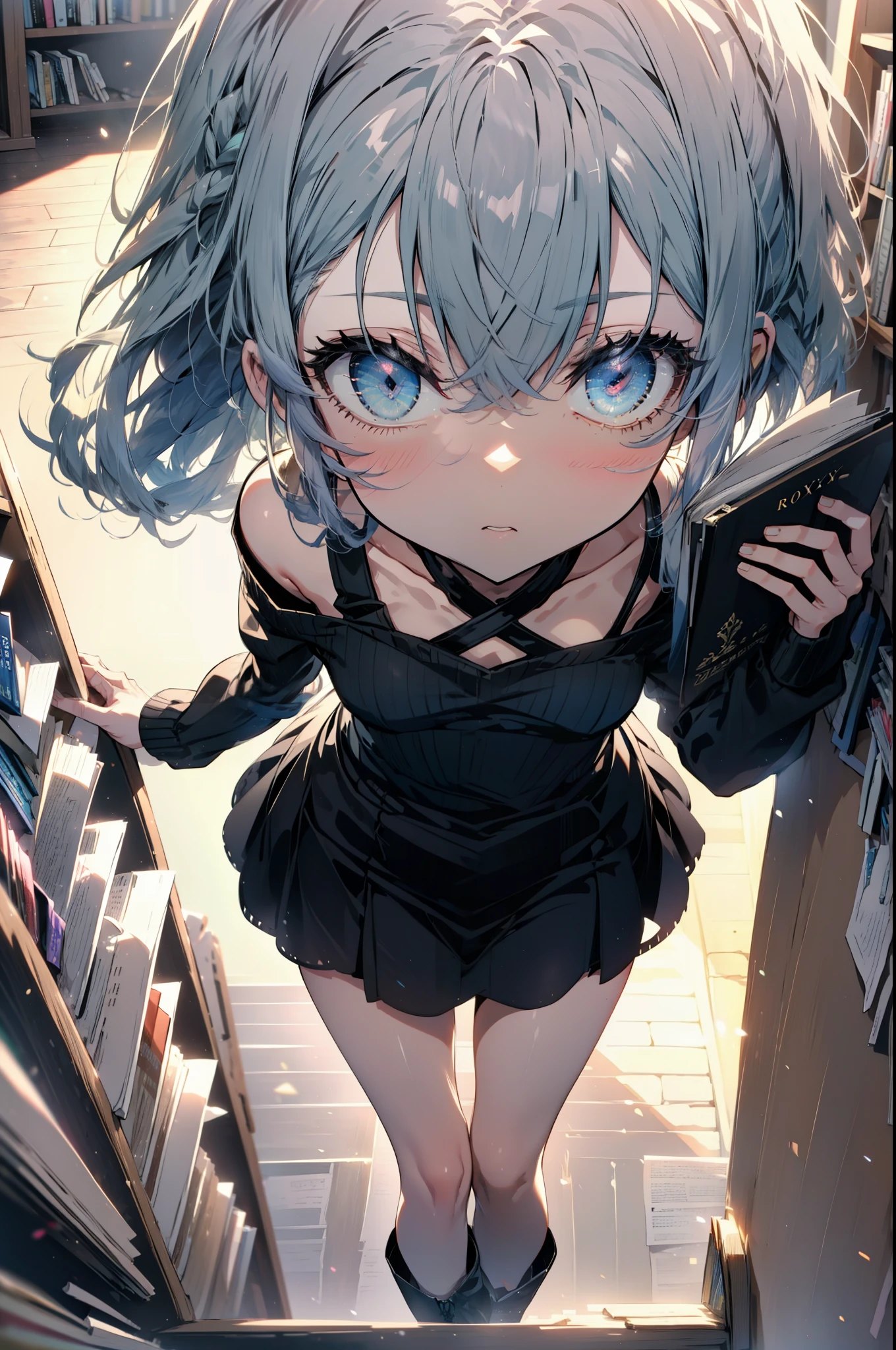 Roxymigurdia, Roxy, Ahoge, Black Ribbon, blue eyes, Blue Hair, Braiding, Hair between the eyes, Hair Ribbon, Long Hair, twin Braidings, very Long Hair, Blue one-shoulder sweater,mini skirt,black tights,short boots,Holding a book in both arms,Grimoire,Are standing,Bookshelf,There is a book on the table,whole bodyがイラストに入る,
break looking at viewer,whole body,
break indoors,figure書館,
break (masterpiece:1.2), Highest quality, High resolution, unity 8k wallpaper, (figure:0.8), (Beautiful attention to detail:1.6), Highly detailed face, Perfect lighting, Highly detailed CG, (Perfect hands, Perfect Anatomy),