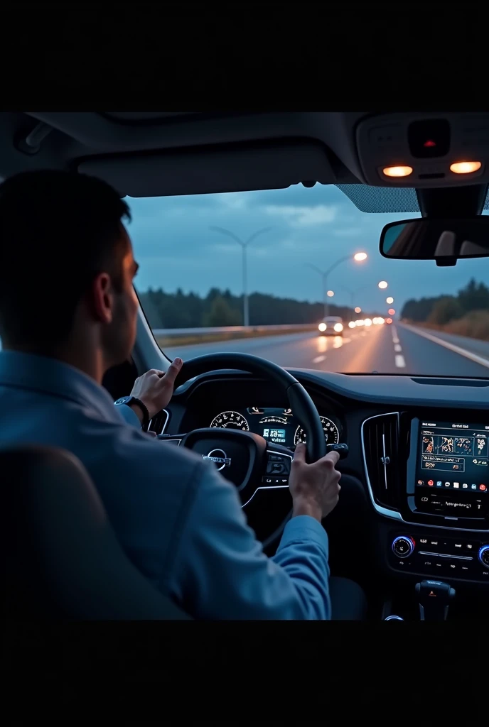 cookpit of a volvo on a highway at night 