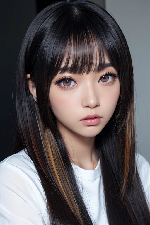 Black gal style woman、(Tan Skin:1.4)、Long silver hair、Big eyes with crispness、Matte base makeup、Heavy eye makeup、white highlight、Thick eyeliner、False eyelashes、Colored Contact Lenses、Sexy and edgy、Flashy accessories
