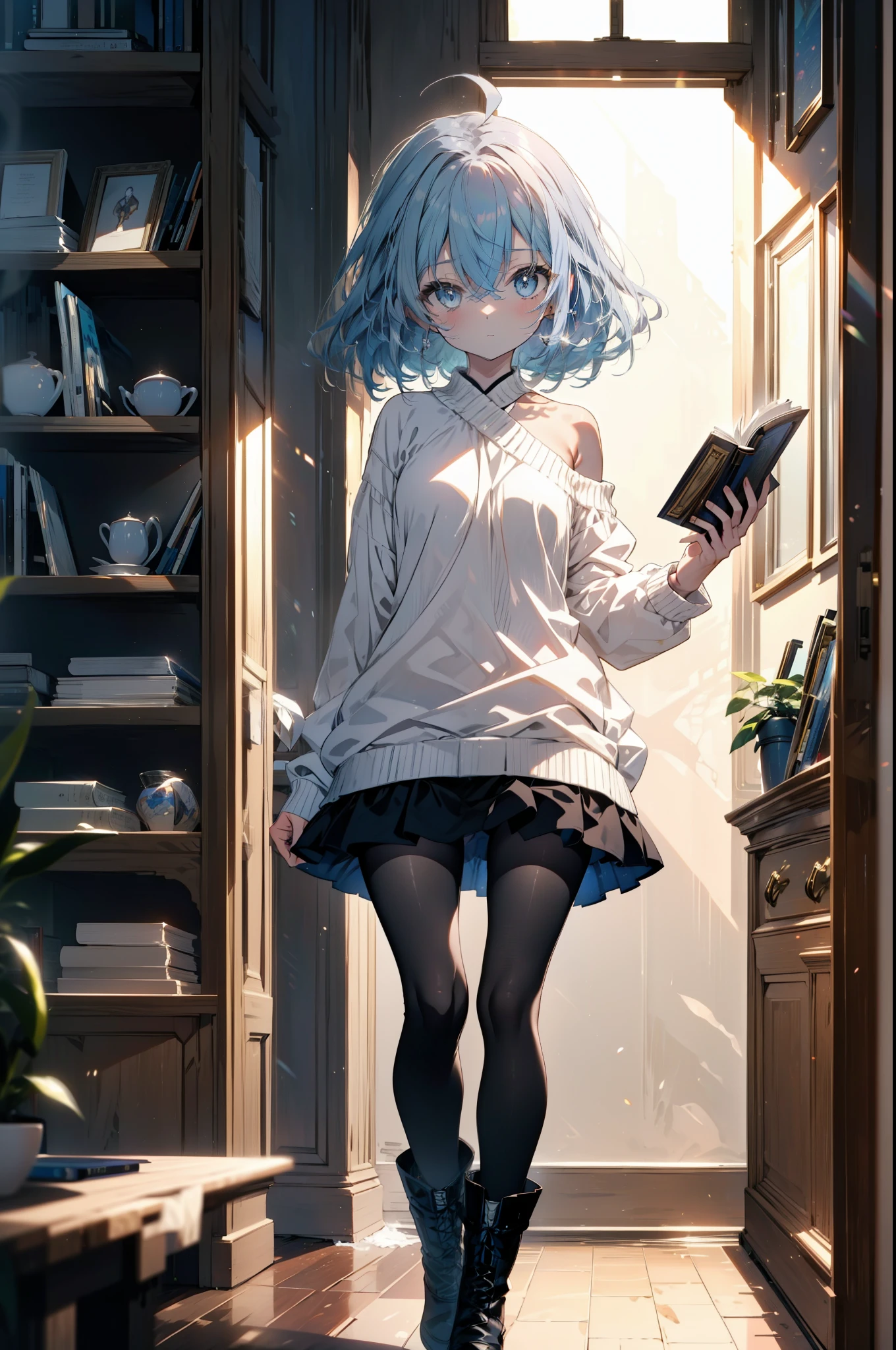 Roxymigurdia, Roxy, Ahoge, Black Ribbon, blue eyes, Blue Hair, Braiding, Hair between the eyes, Hair Ribbon, Long Hair, twin Braidings, very Long Hair, Blue one-shoulder sweater,mini skirt,black tights,short boots,Holding a book in both arms,Grimoire,Are standing,Bookshelf,There is a book on the table,whole bodyがイラストに入る,
break looking at viewer,whole body,
break indoors,figure書館,
break (masterpiece:1.2), Highest quality, High resolution, unity 8k wallpaper, (figure:0.8), (Beautiful attention to detail:1.6), Highly detailed face, Perfect lighting, Highly detailed CG, (Perfect hands, Perfect Anatomy),