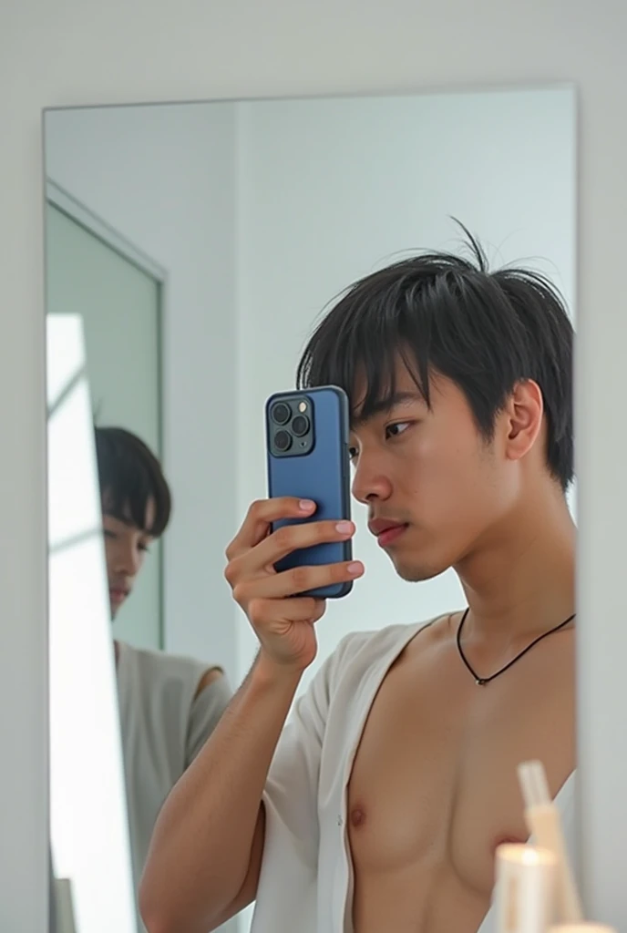Man with black hair, hair parted in the middle with bangs, looking at the camera on his cell phone, blue cover on the back, and a mirror