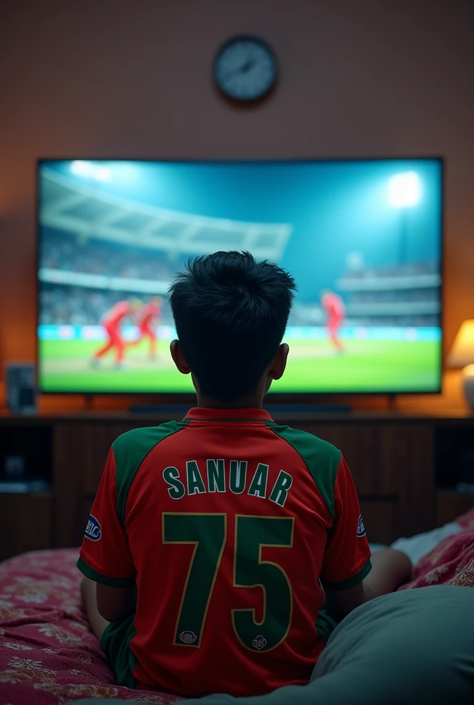 A 18 Year old boy is sitting in his room watching a Bangladesh  cricket match on TV. The boy name is "Sanuar" The boys is wearing a Bangladesh  cricket jersey. The Boy name is Written on the back of his jersey. Jersey number 75. Full HD quality. 