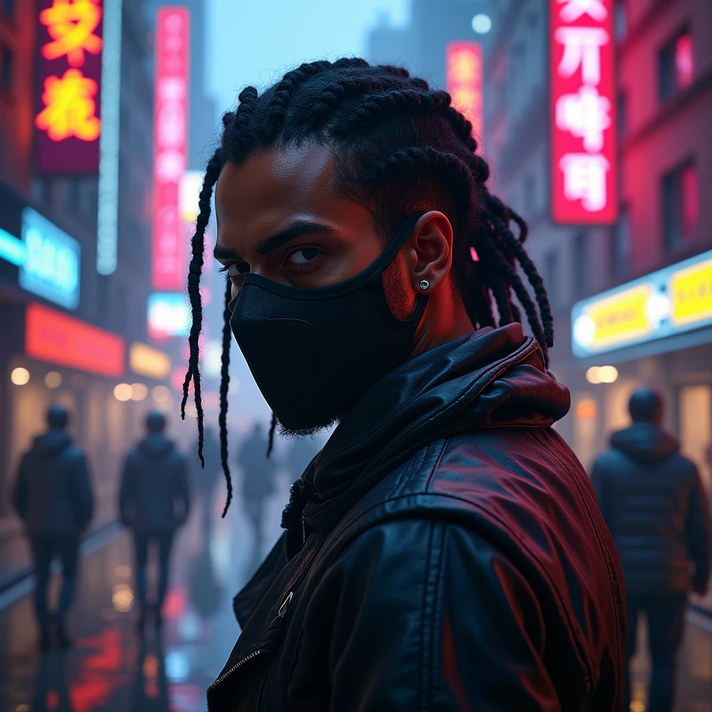 ((masculine)), ((masked man)), black dreadlocks, brown skin, black eyes, cowboy shot, ((ultra detailed neon cyberpunk futuristic city )), detailed and intricate ((cyberpunk city streets background)), featuring high-tech holographic projections and sleek architecture, (highly detailed photo realistic), sharp focus, ultra high quality, vibrant, (symmetrical detailed face:1.7), toned, masterpiece, (cinematic lighting), smoking weed, ((cyberpunk 2077 inspired)