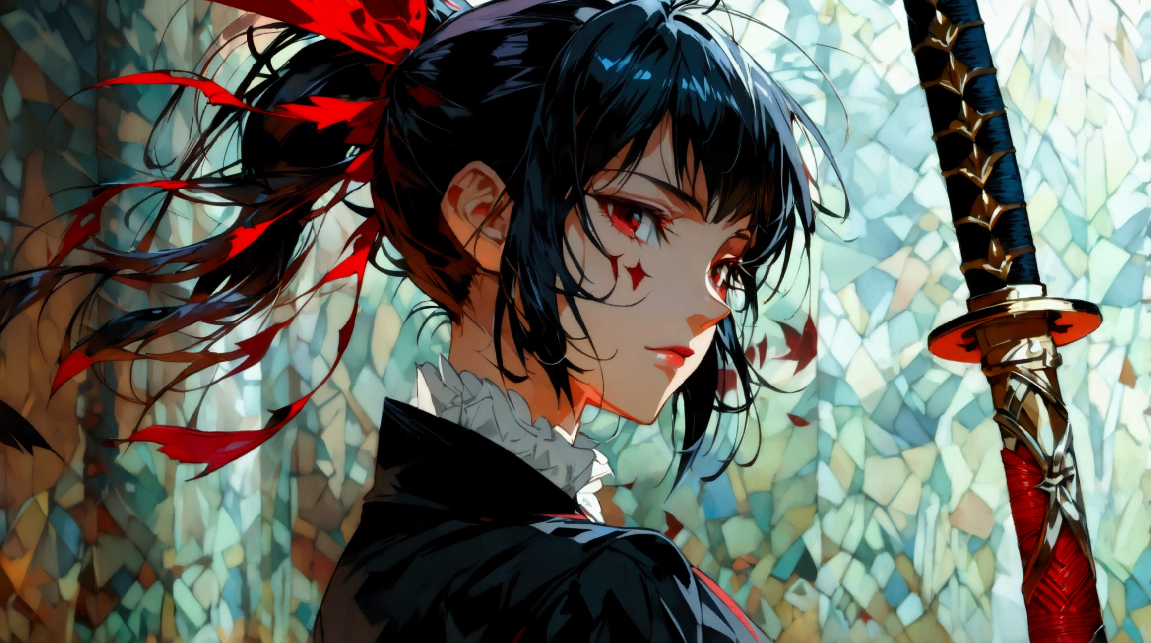 Woman, black hair with red tips, black schoolgirl outfit, holding a black katana with red details, ((Intricate anime character design inspired by Akame ga Kill)), ((Stunning lighting)), ((Fine lines)), ((Stunning focus)), ((Centered character)), ((Stunning face)), ((Detailed focus)), ((Detailed background)), ((Ultra-fine 2D design)), ((Creative backdrop)), ((2D masterpiece)), ((Best quality)), ((8K anime style)), ((Full body))