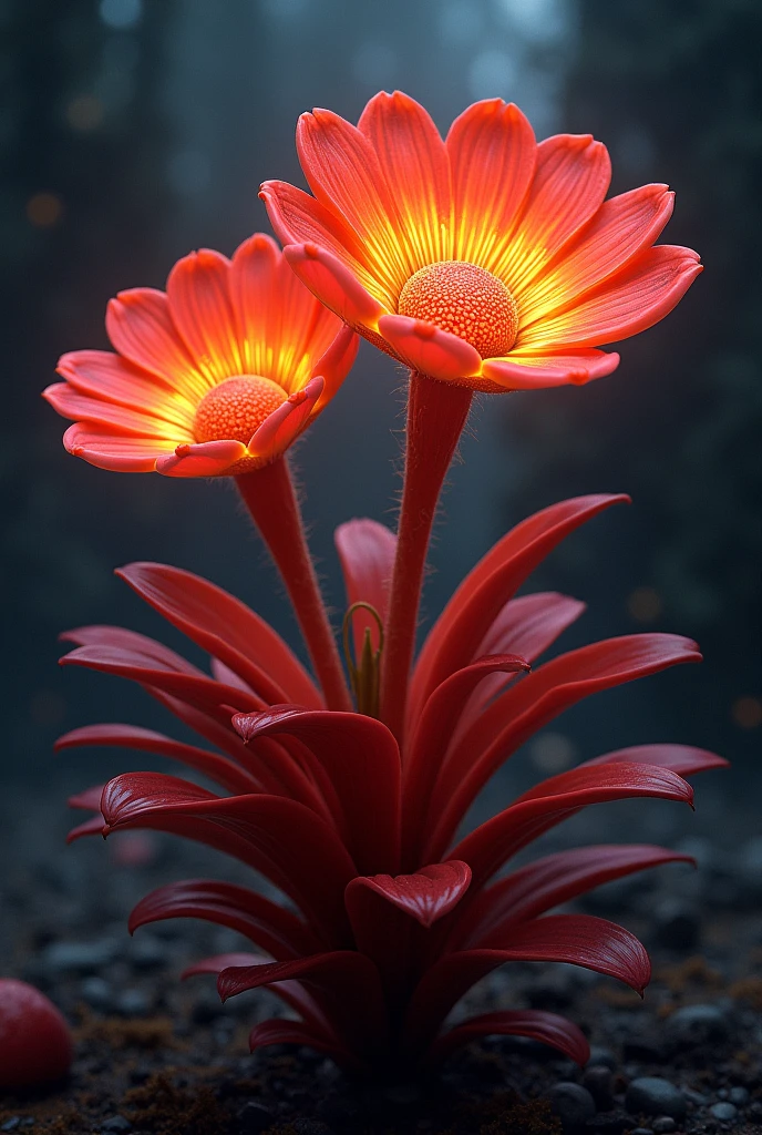 Name of the Plant: Nectafloris Pyrofilia Illustration: A shrubby plant about 2 meters tall, with robust branches and spiral-shaped leaves that are a deep red color. The flowers are big, approximately 20 cm in diameter, and they have thick petals that look like they are made of wax. These flowers emit a warm light and an orange glow when night falls., creating an incandescent effect in the environment
