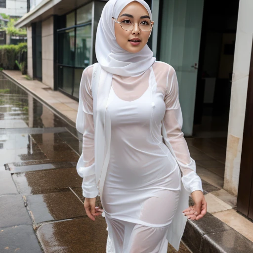 Young beautiful sweet sundanese Bogor city girl, 2, slim body, georgeus face, no underwear, wearing wet white thin hijab, all her hairs covered under her hijab, wearing wet white thin see through very transparent buttoned dress, wearing wet white thin strict see through very transparent Indonesian gamis, standing lean to the wall, shivering very limp as being having sex in the hard rain on the Bogor city street side walk, rain drop visible, water flowing down through all the thing, dense hairy very wet vagina exposed visible through her trousers, enjoying being having sex orgasm redish face, open wide mouth, head being limp backwards, being take a deep breath hardly through her mouth, half closed eyes, her eyeballs turn upwards, one of her touching her crotch, realistic normal fingers, wearing wet glasses, wearing expencive high heels, carrying a expencive hand bag,