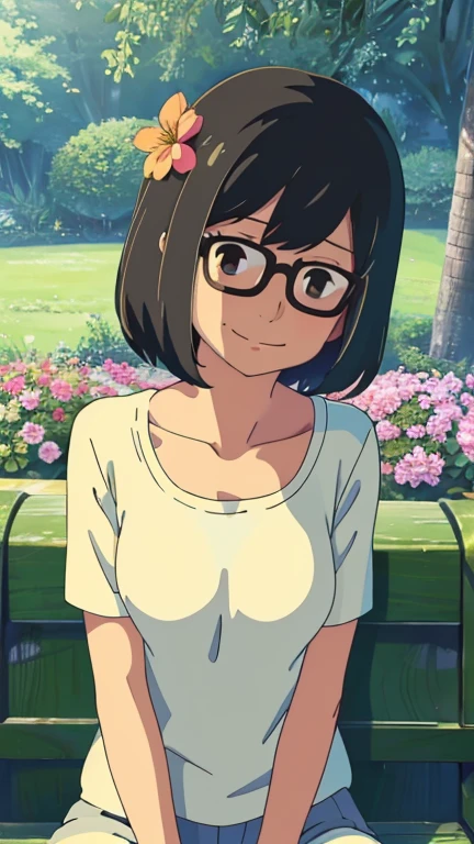 (1girl, solo, highly insanely detailed, masterpiece, top quality, best quality, highres, 4k, 8k, RAW photo),((innocent look)),((Childish)),From the front, symmetrical composition,smile,cute,Innocent,Kind eyes, kotonoha no niwa, park,flowers,lawn,trees, The Garden of Words, (tina-belcher), upper body, glasses, flat chest,