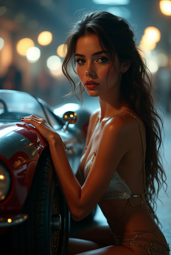 A beautiful woman posing next to a racing car, high quality, (masterpiece:1.2), ultra-detailed, 8k, hyperrealistic, raw, extremely detailed background, depth of field, absurd, photorealistic, cinematic lighting, award-winning, stunning, dramatic, captivating, striking, alluring, visually stunning