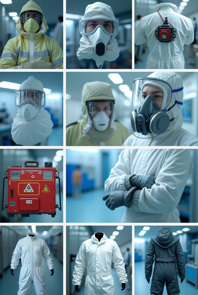 Laboratory gloves, safety glasses, Mask or Respirator, Protective Clothing, Security boots, Hearing protection, Emergency Team, just collage