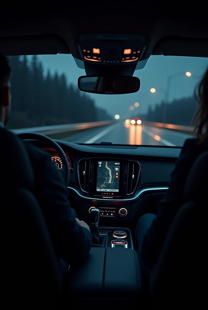 cookpit of a volvo on a highway at night without showing the driver