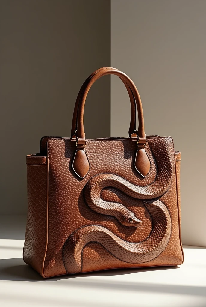 generate a handbag made of leather, where the design has the anaconda