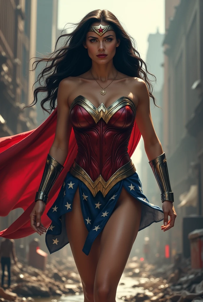 A beautiful woman with long black hair under the cloak of the Amazon warrior Wonder Woman, red boots and bracelets with a silver red star, a silver headband with a red star on her forehead flying over an apocalyptic city skyscrapers (((This woman has the ability to fly with a cape. This cape has the colors and stars of the United States. )))