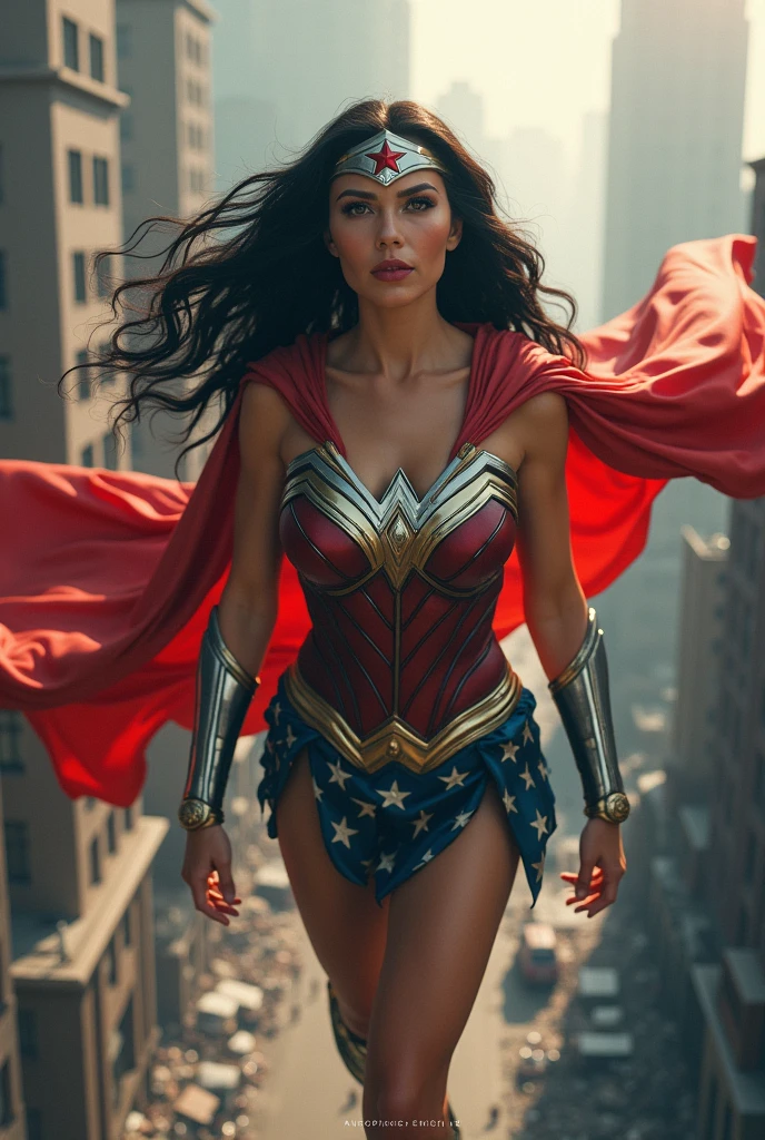 A beautiful woman with long black hair under the cloak of the Amazon warrior Wonder Woman, red boots and bracelets with a silver red star, a silver headband with a red star on her forehead flying over an apocalyptic city skyscrapers (((This woman has the ability to fly with a cape. This cape has the colors and stars of the United States. )))