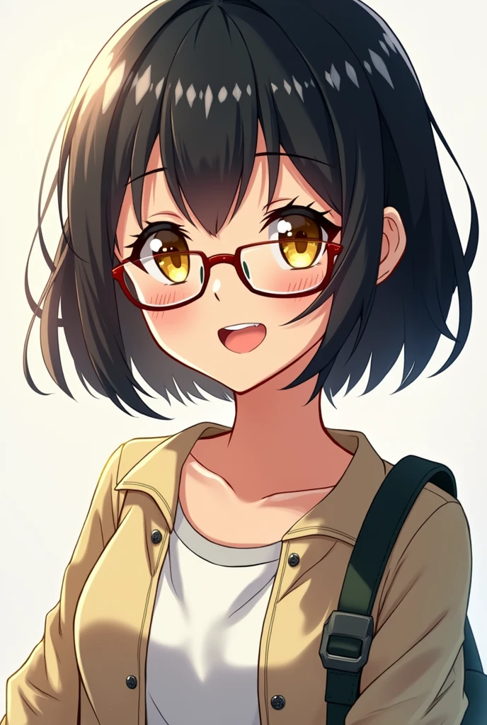 Anime woman, short black hair, white highlights, light tan skin, yellow eyes, casual clothes, smile, glasses
