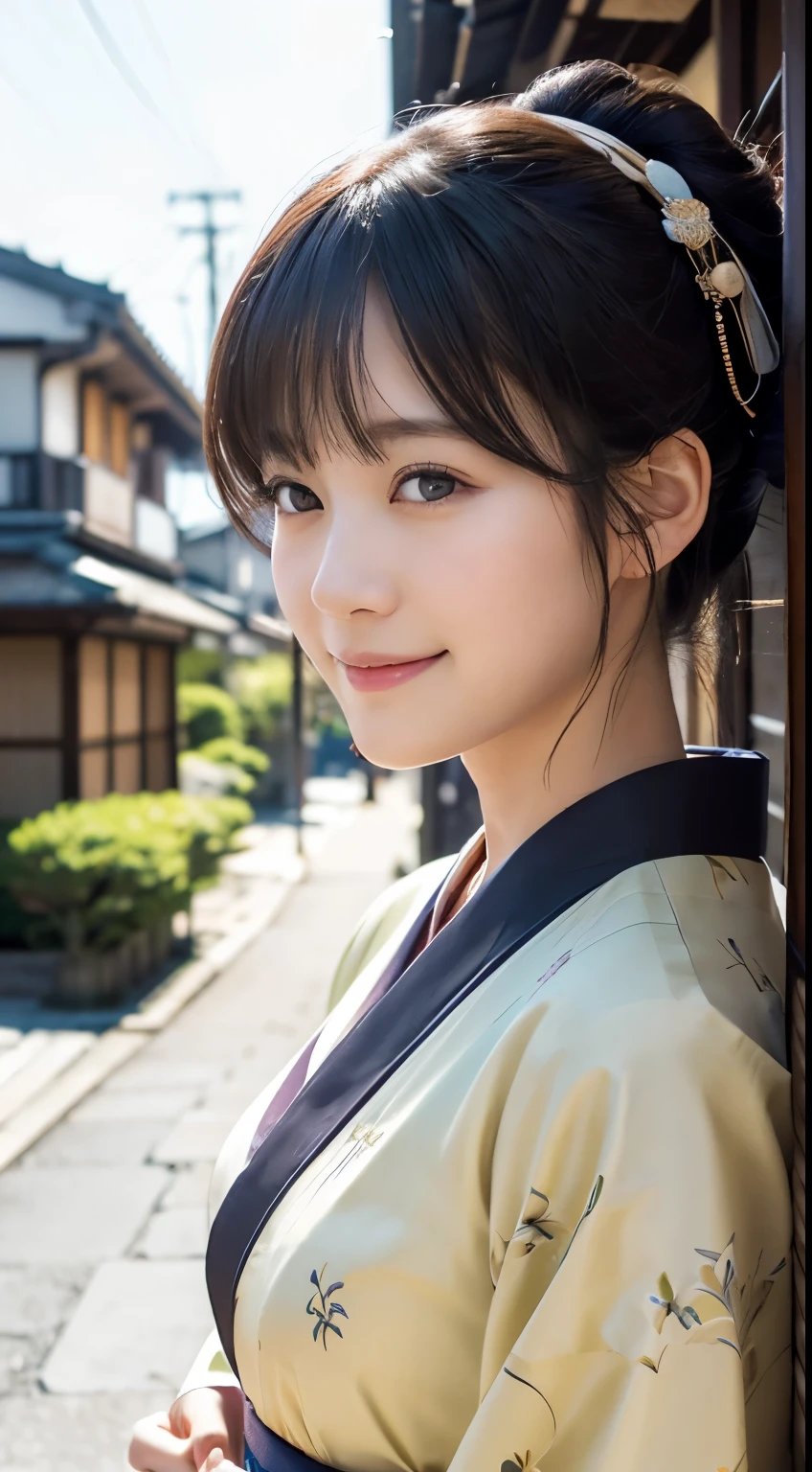 Professional Lighting,(Photorealistic:1.4), (Top image quality:1.0), (超High resolution:1.0), 8k, Raw photography, (masterpiece:0.2), (Facing the children_v1:0.5)、(最高quality Detail:1.2)、Realistic、8k UHD、High resolution、(1 person:1.2)、超detailedな、High quality textures、複雑なdetailed、detailed、Very detailed CG、High quality shadows、detailed 美しく繊細な顔、Beautiful details and a delicate eye、(Symmetrical eyes:1.2),Written boundary depth、Ray Tracing,1 person, Japanese, (Natural smile:1.4),cute, thin, Portrait of a beautiful Japanese woman in a kimono, Standing elegantly on a street corner in Kyoto. Kimono with vibrant traditional patterns, Hair decorated with elegant and delicate hairpins, Gentle expression. (With the old streets of Kyoto in the background:1.4)、The soft light of a spring afternoon、Adding tranquility to the scene. Rendered in a Realistic style with great attention to detail, High resolutionの画像.Sky Porn, Magic Hour, (Realistic:1.3), finely, quality, (Tabletop:1.2), (Realistic:1.2), (最高quality), (複雑なdetailed), dramatic, Ray Tracing, photograph, +roller