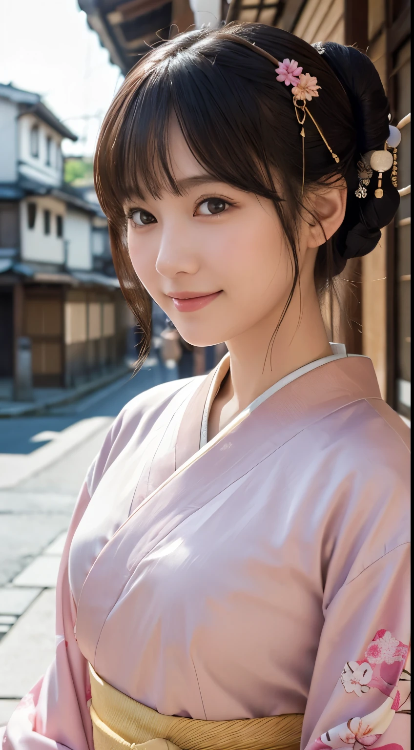 Professional Lighting,(Photorealistic:1.4), (Top image quality:1.0), (超High resolution:1.0), 8k, Raw photography, (masterpiece:0.2), (Facing the children_v1:0.5)、(最高quality Detail:1.2)、Realistic、8k UHD、High resolution、(1 person:1.2)、超detailedな、High quality textures、複雑なdetailed、detailed、Very detailed CG、High quality shadows、detailed 美しく繊細な顔、Beautiful details and a delicate eye、(Symmetrical eyes:1.2),Written boundary depth、Ray Tracing,1 person, Japanese, (Natural smile:1.4),cute, thin, Portrait of a beautiful Japanese woman in a kimono, Standing elegantly on a street corner in Kyoto. Kimono with vibrant traditional patterns, Hair decorated with elegant and delicate hairpins, Gentle expression. (With the old streets of Kyoto in the background:1.4)、The soft light of a spring afternoon、Adding tranquility to the scene. Rendered in a Realistic style with great attention to detail, High resolutionの画像.Sky Porn, Magic Hour, (Realistic:1.3), finely, quality, (Tabletop:1.2), (Realistic:1.2), (最高quality), (複雑なdetailed), dramatic, Ray Tracing, photograph, +roller