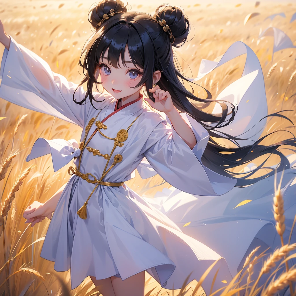 A chibi child girl had a small face and Wearing white little Taoist priest's outfit. A pair of big round eyes shone with curiosity about him. This child was so cute, Standing in the middle of a wheat field.
her hair is black with two buns on her hair.small chibi, chibi baby, smiling ,Chibi.