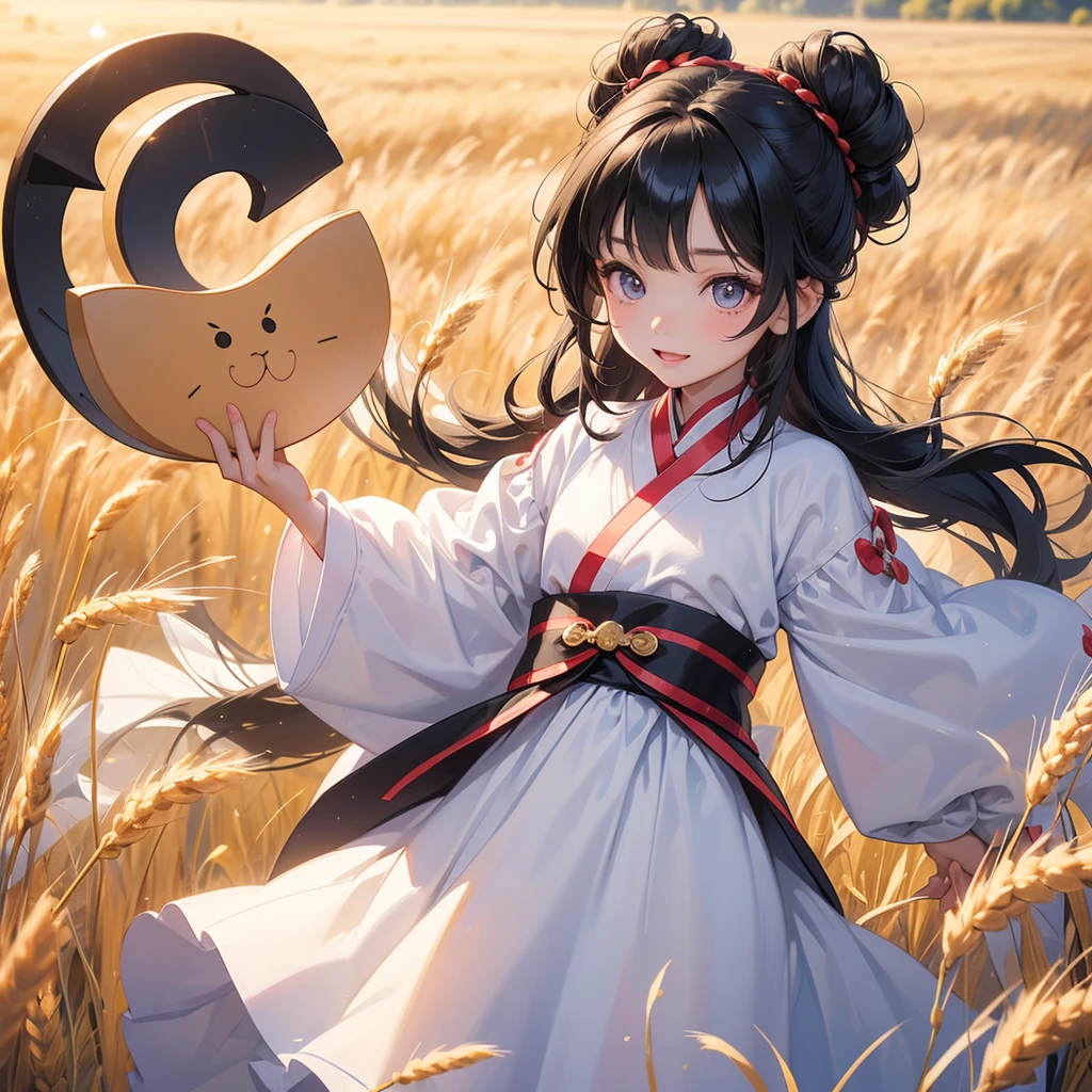 A chibi child girl had a small face and Wearing white little Taoist priest's outfit. A pair of big round eyes shone with curiosity about him. This child was so cute, Standing in the middle of a wheat field.
her hair is black with two buns on her hair.small chibi, chibi baby, smiling ,Chibi.