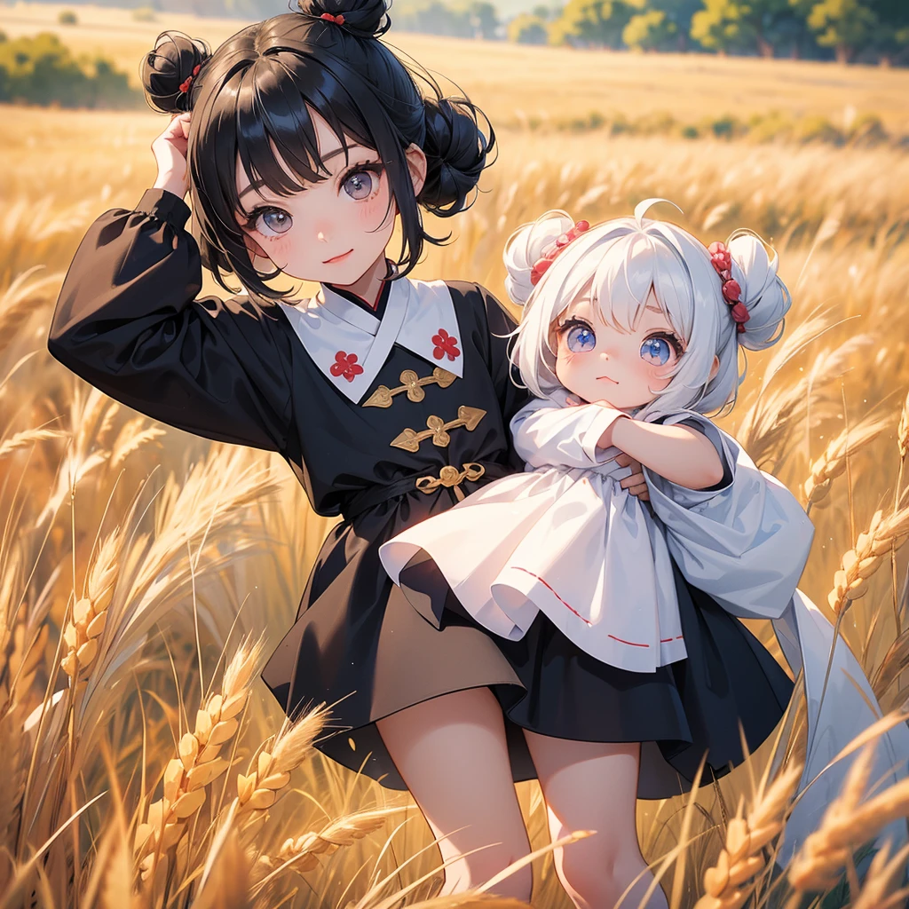 A chibi child girl had a small face and Wearing white little Taoist priest's outfit. A pair of big round eyes shone with curiosity about him. This child was so cute, Standing in the middle of a wheat field.
her hair is black with two buns on her hair.small chibi, chibi baby, smiling ,Chibi.