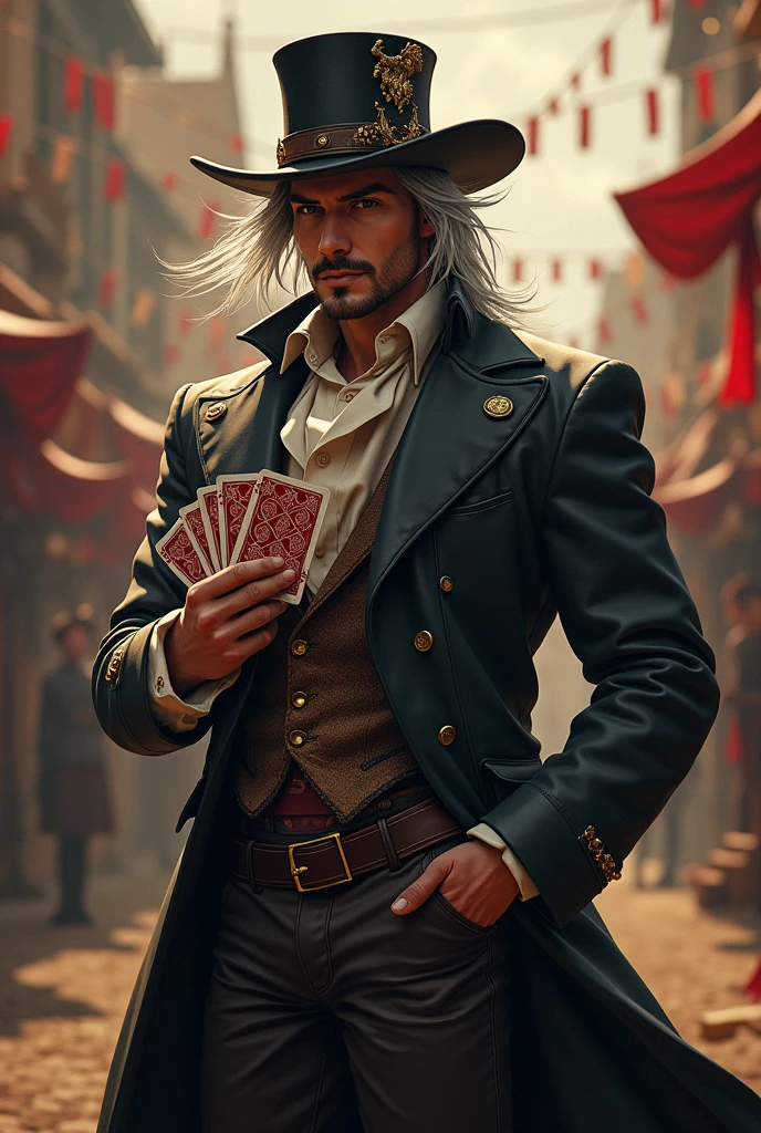 Hector Miller Fernandes Calangos III is a charismatic and adventurous bard with a captivating and unique appearance. He is a traveling musician and magician, wielding a magical deck of cards that grants him various powers tied to luck and randomness. His ultimate ability, the "Domain Expansion," allows him to greatly influence fortune in his favor.
Hector's style is a blend of flamboyant circus flair and rugged western charm. He sports a long coat and a stylish hat, with his deck of cards always prominently displayed. His hair is a defining feature: styled in a slightly tousled, spiky manner similar to Anakin Skywalker's from Star Wars, with dramatic white streaks adding a striking contrast to his dark locks. This hairstyle accentuates his adventurous spirit and adds an element of intrigue.
In his visual representation, Hector would be depicted exuding confidence and charisma, with his distinctive hair and adventurous outfit. The background might include elements of a circus or old-west setting, reflecting his colorful past and his ongoing mission to reunite with his estranged sister, Aurora, and confront the rival guild Tenebres, who have deeply affected his life in fantasy rpg style