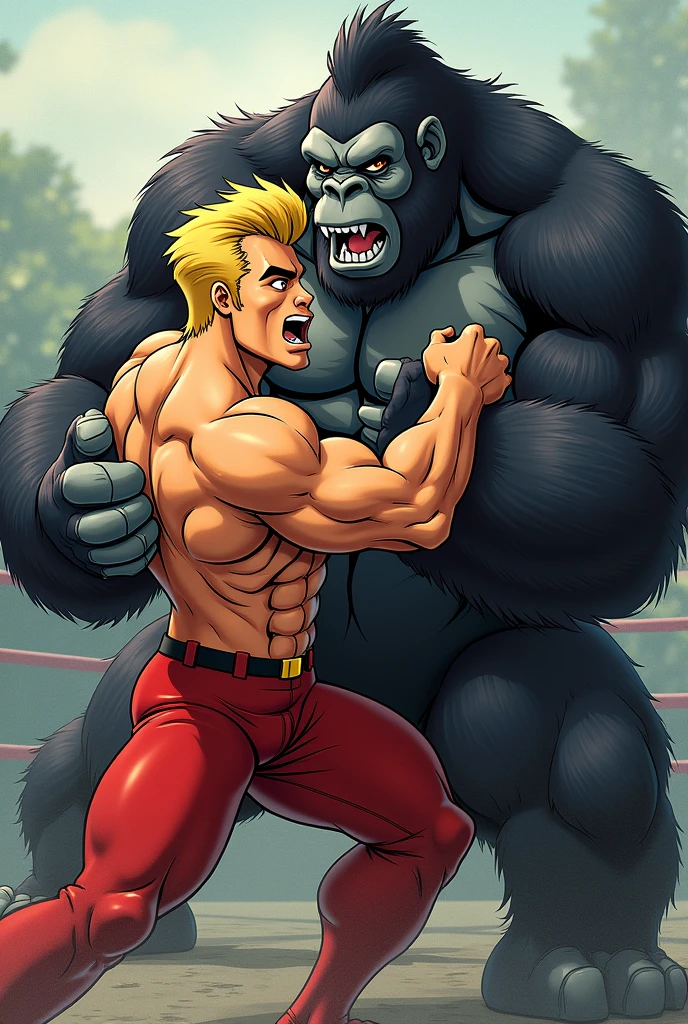 An anime image of johny Bravo cranking a gorilla by its neck in a Grappling match