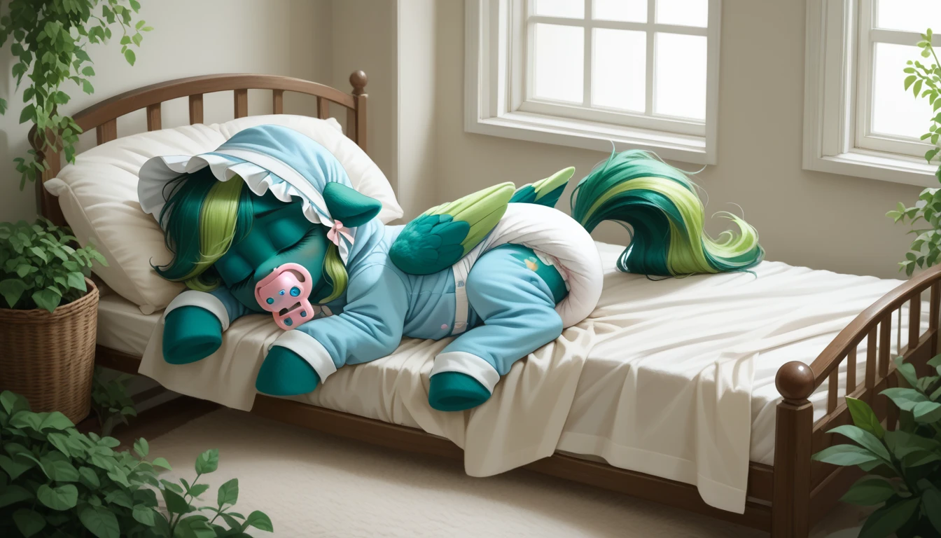 pony, Pegasus, emerald green fur, a lush mane, gathered into an adult size bonnet, bushy tail, adult mare, closed eyes, sleeps in an adult-sized crib, wearing an adult-sized onesie and booties, pacifier in mouth, solo, thick diaper under clothes.