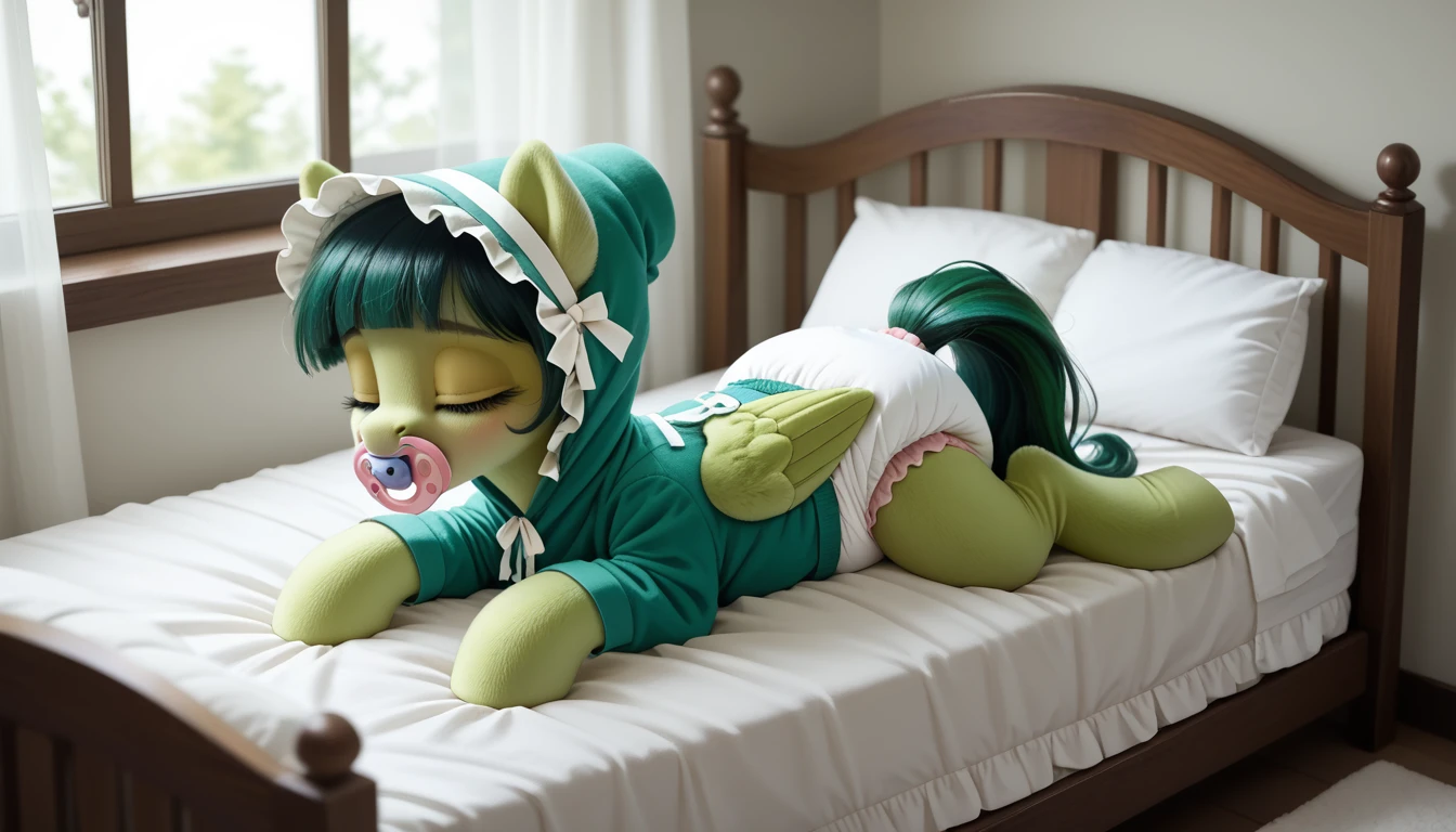 pony, Pegasus, emerald green fur, a lush mane, gathered into an adult size bonnet, bushy tail, adult mare, closed eyes, sleeps in an adult-sized crib, wearing an adult-sized onesie and booties, pacifier in mouth, solo, thick diaper under clothes.