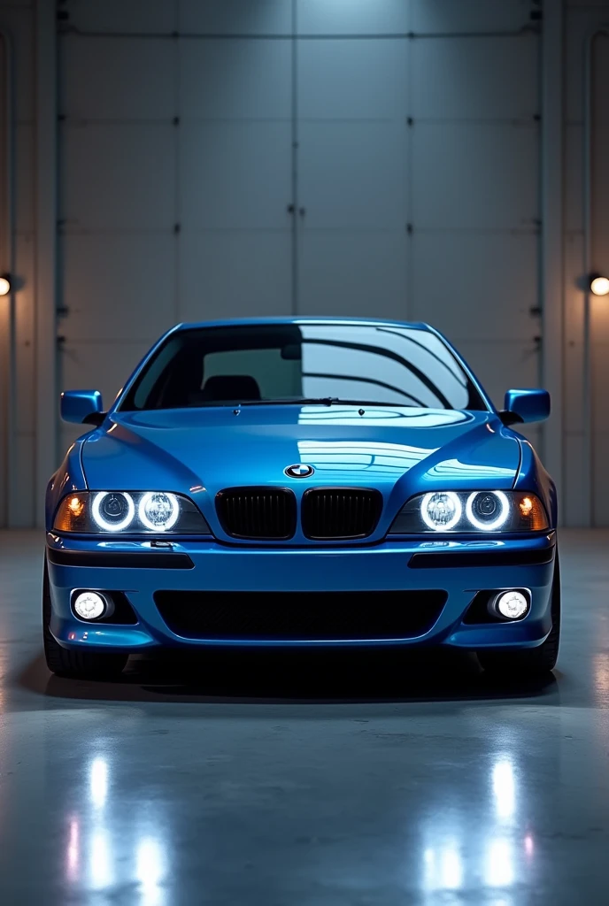 Blue bmw E39 with angel eye light, black grill facing to camera