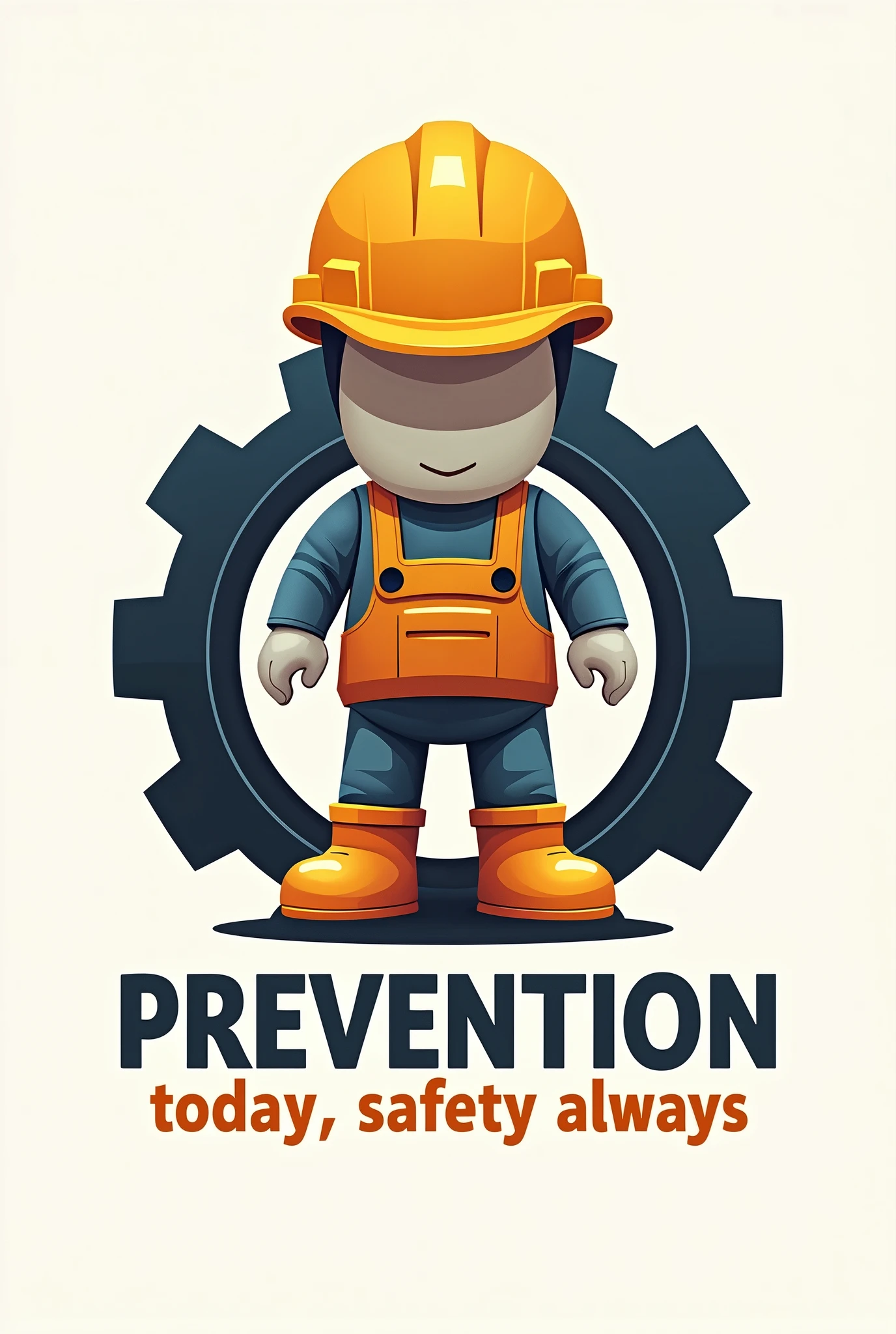 Logo Background, A gear that symbolizes machinery and prevention at work.
Main element, A faceless doll, representing the workers, equipped with a safety helmet and other protective devices.
And a motto below that says, “Prevention today, “Safety always”